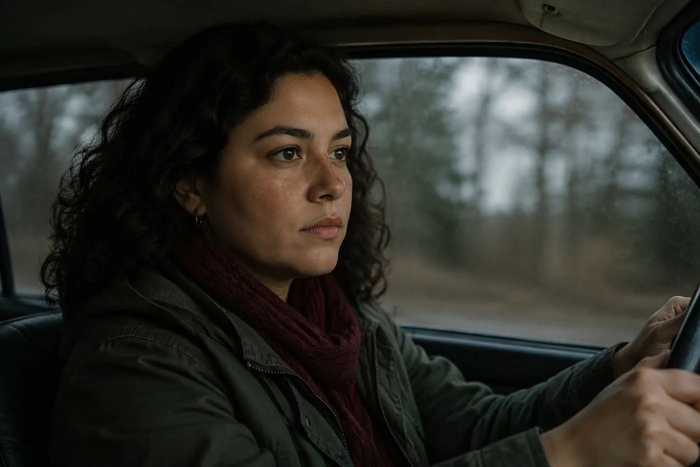 INES REYES in INT. MOVING CAR, DAY. MCU on a 75 mm lens.