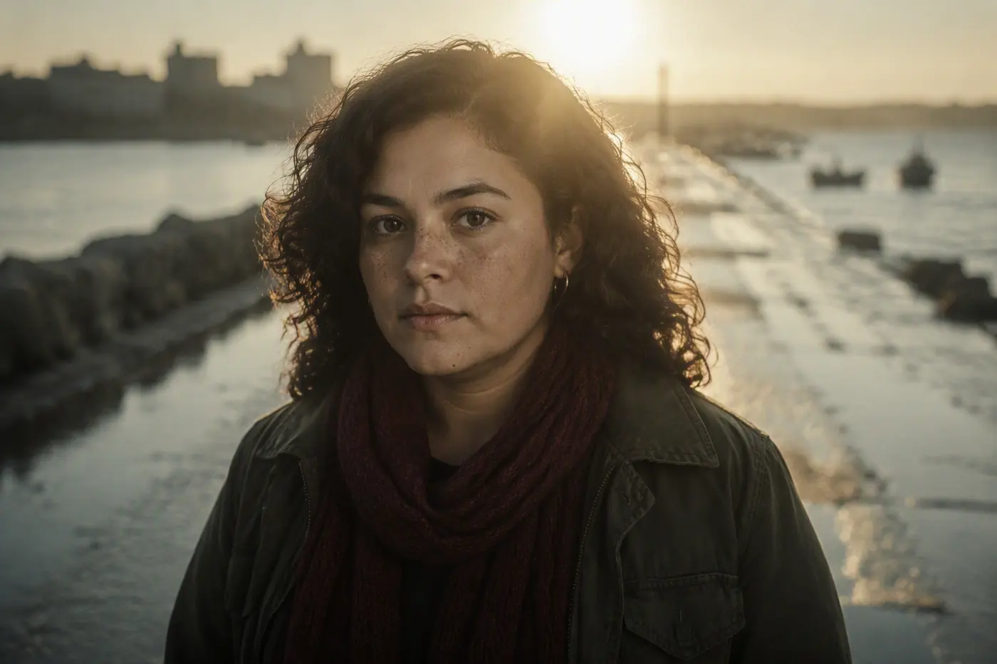 INES REYES in EXT. TIDAL CAUSEWAY, GOLDEN HOUR. MCU on a 135 mm lens.