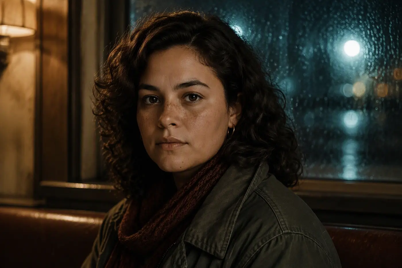 INES REYES in INT. HARBOUR DINER, NIGHT. CU on a 85 mm lens.