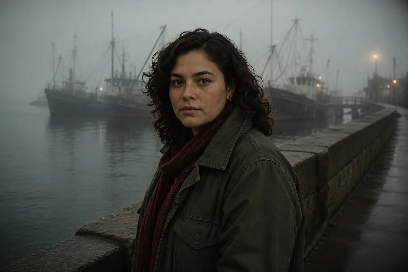 INES REYES in EXT. HARBOUR WALL, DAWN. MWS on a 32 mm lens.