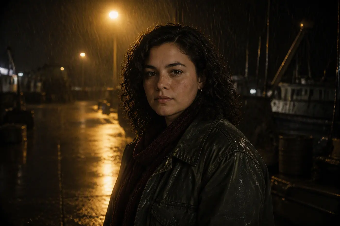 INES REYES in EXT. DOCK ROAD, NIGHT / RAIN. MS on a 50 mm lens.
