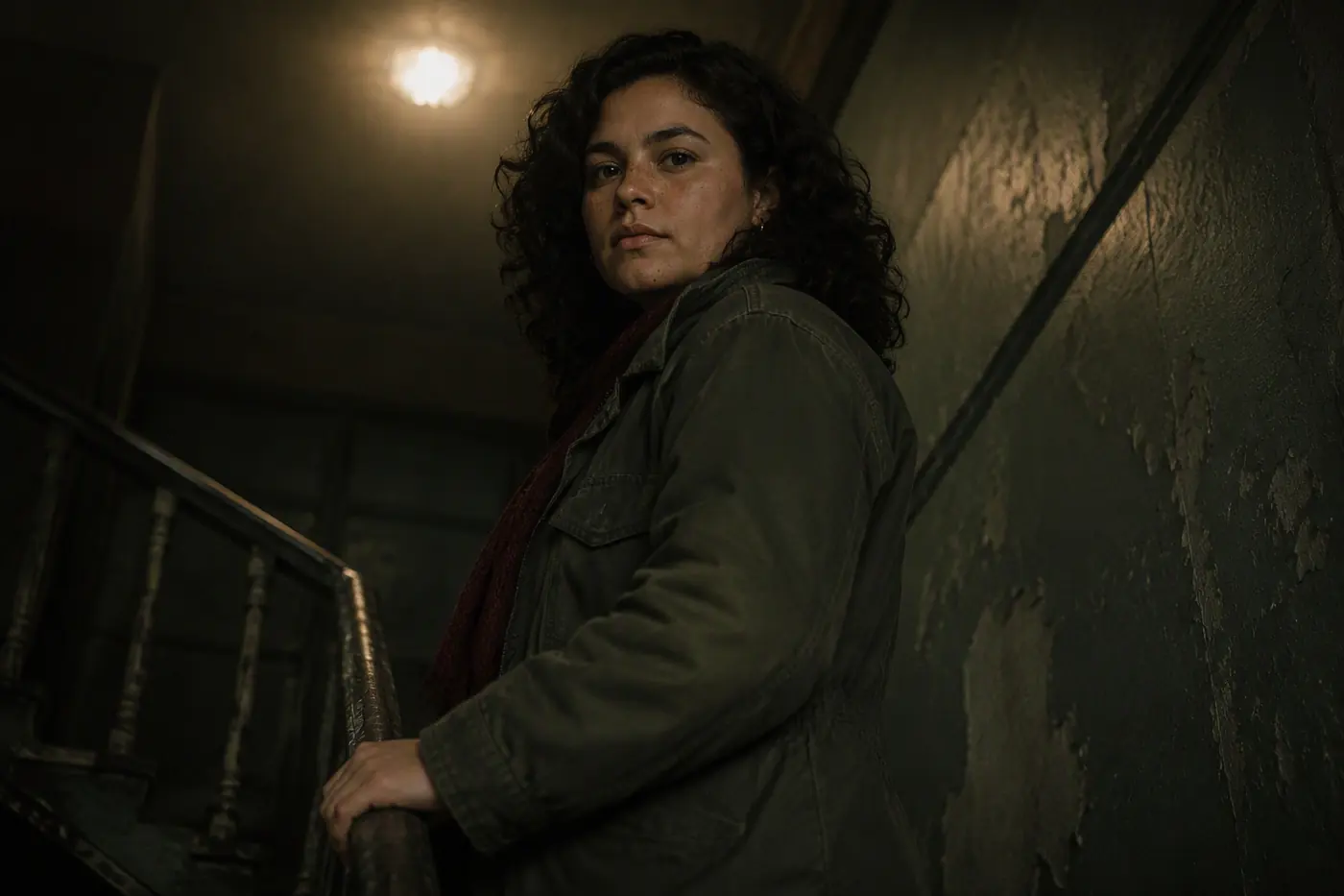 INES REYES in INT. TENEMENT STAIR, NIGHT. MS on a 25 mm lens.