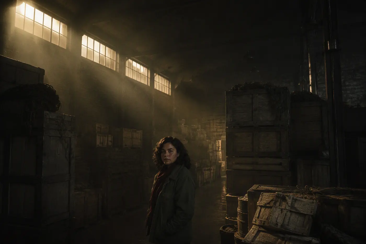 INES REYES in INT. BONDED WAREHOUSE, DUSK. WS on a 21 mm lens.