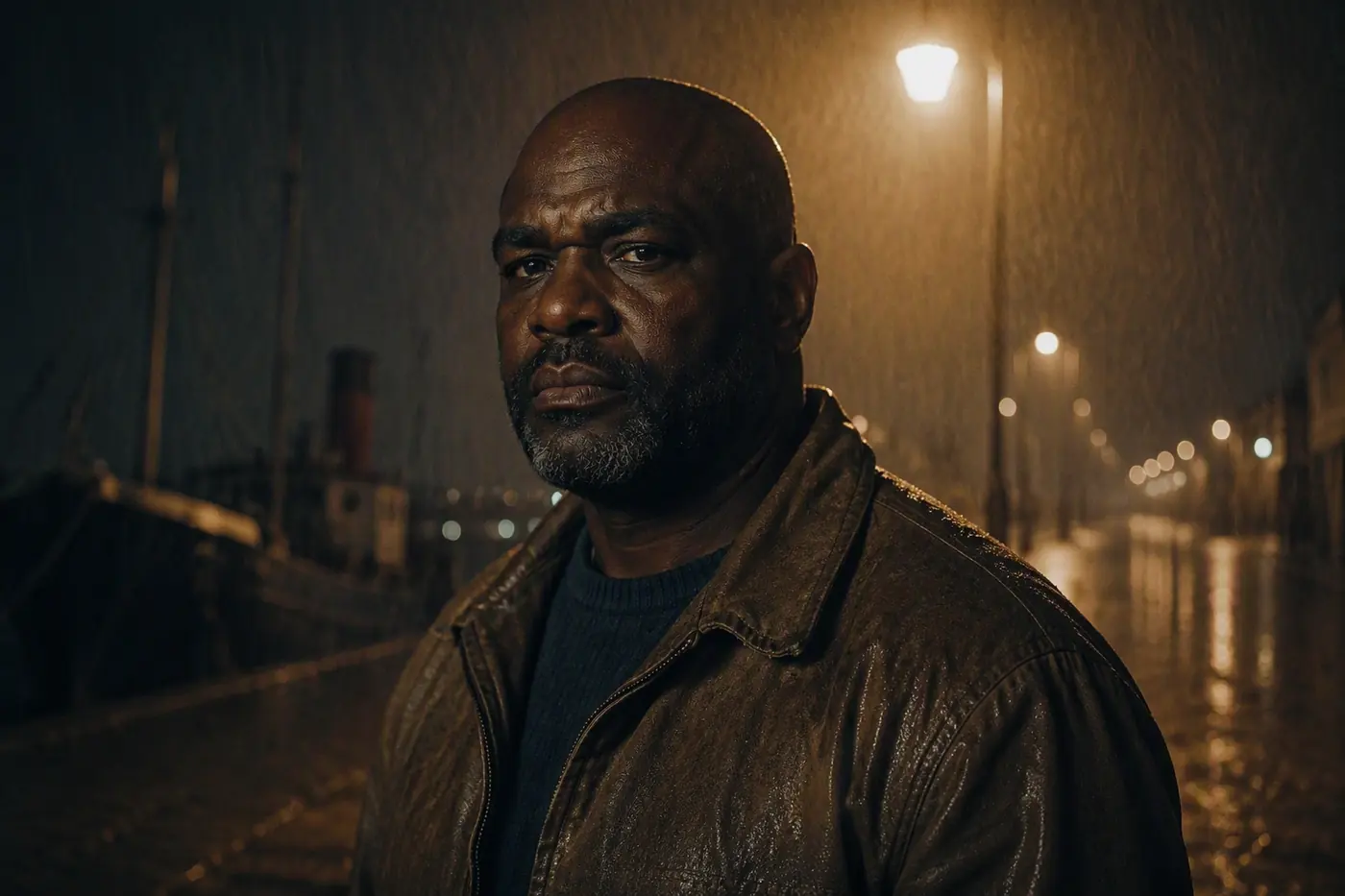 MARLOW OKONKWO in EXT. DOCK ROAD, NIGHT / RAIN. MS on a 50 mm lens.