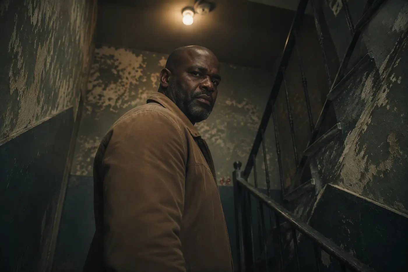 MARLOW OKONKWO in INT. TENEMENT STAIR, NIGHT. MS on a 25 mm lens.