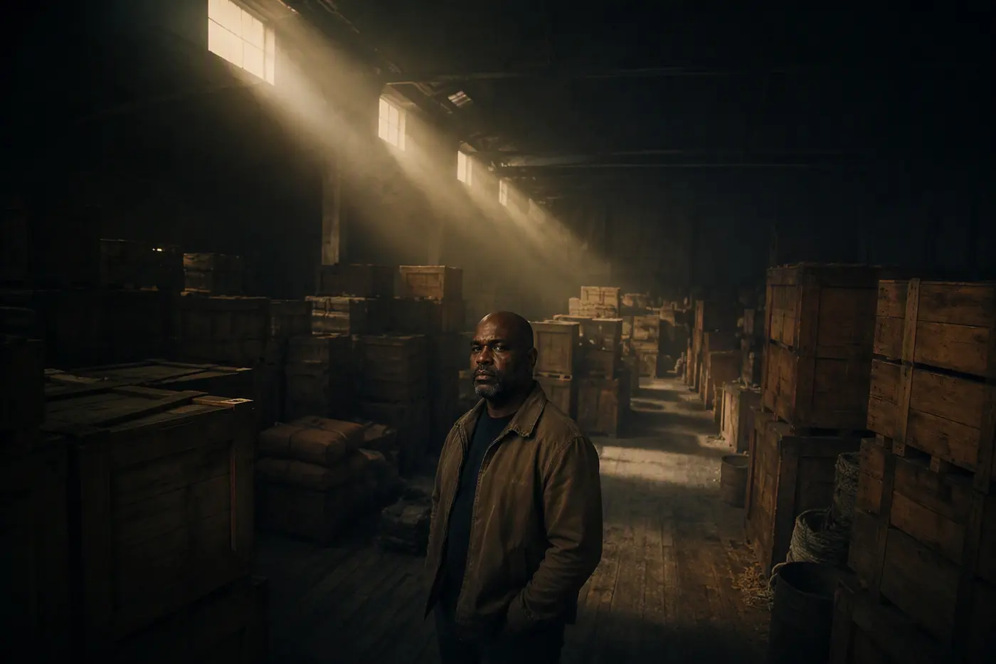 MARLOW OKONKWO in INT. BONDED WAREHOUSE, DUSK. WS on a 21 mm lens.